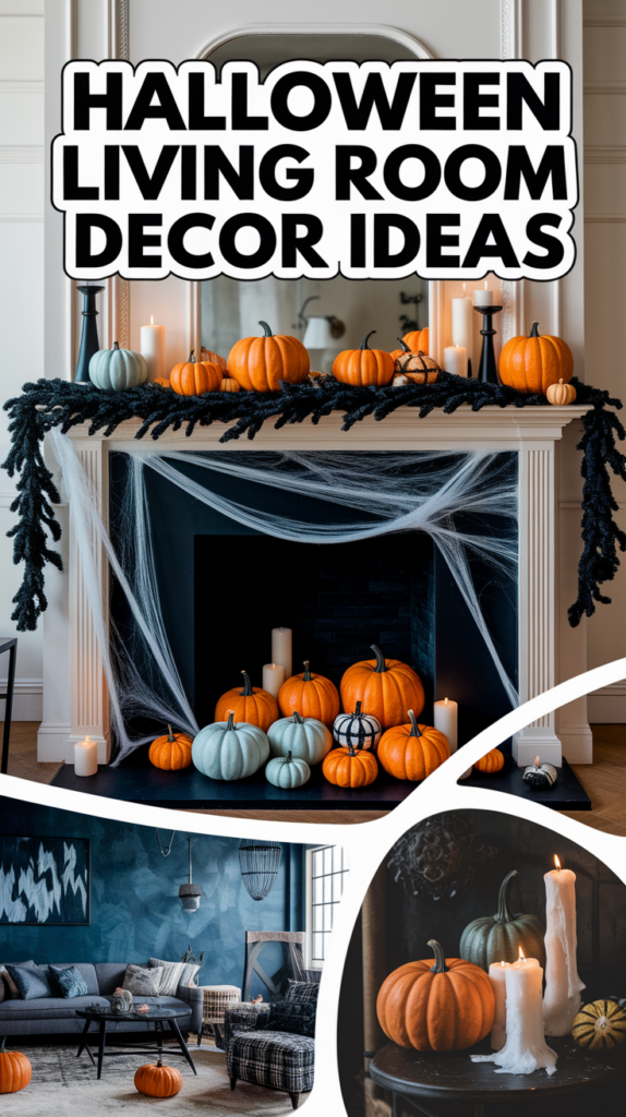 A decorated fireplace with pumpkins, candles, and cobwebs for Halloween. Text: "Halloween Living Room Decor Ideas."