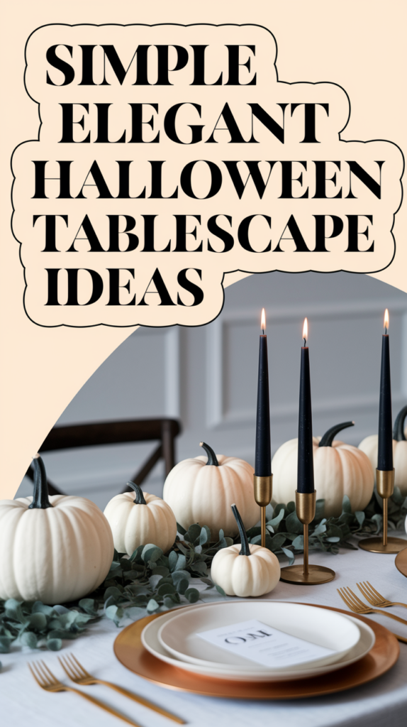 White pumpkins, black candles, and greenery on a table with elegant place settings; text reads "Simple Elegant Halloween Tablescape Ideas."