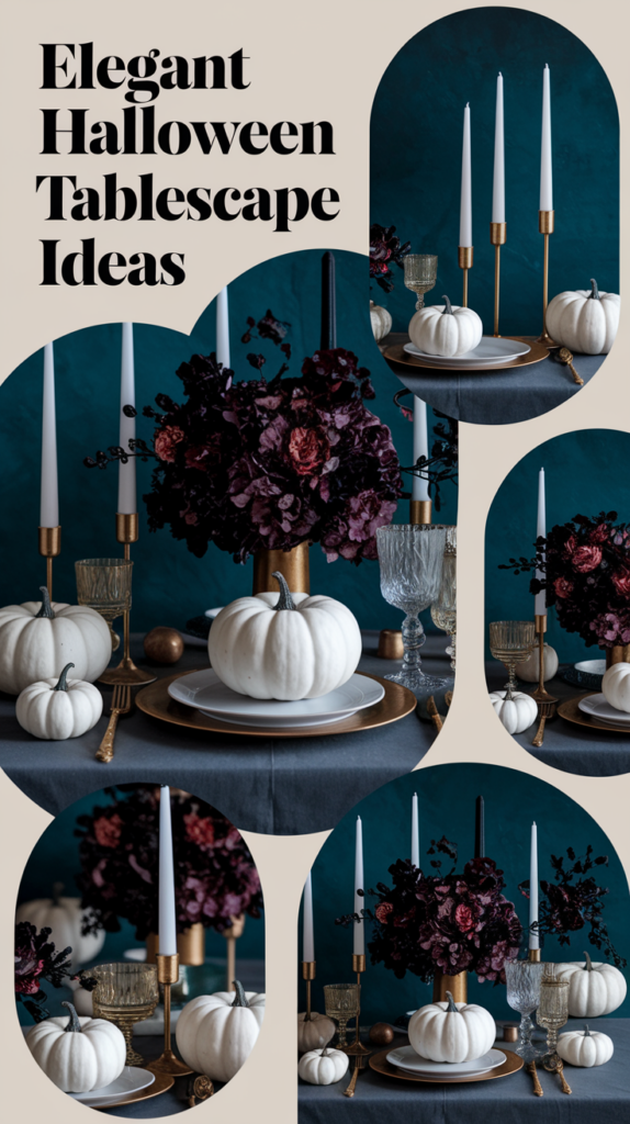Elegant Halloween table setting with white pumpkins, dark floral arrangements, and tall white candles against a teal background.