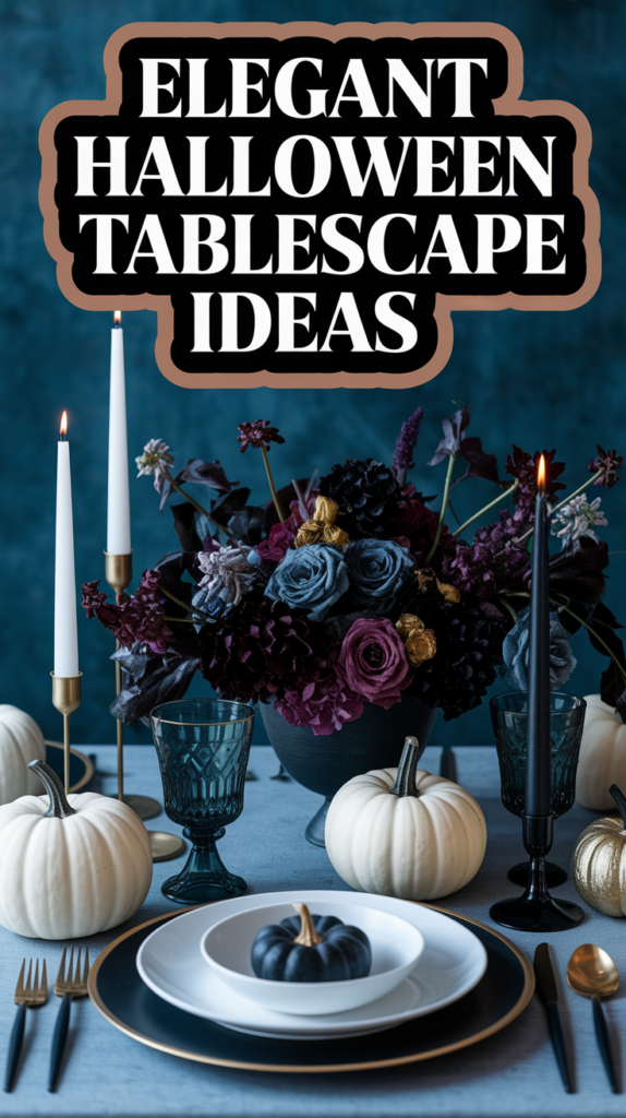 A Halloween-themed table setting with dark flowers, white pumpkins, candles, and elegant dishware, featuring text "Elegant Halloween Tablescape Ideas."