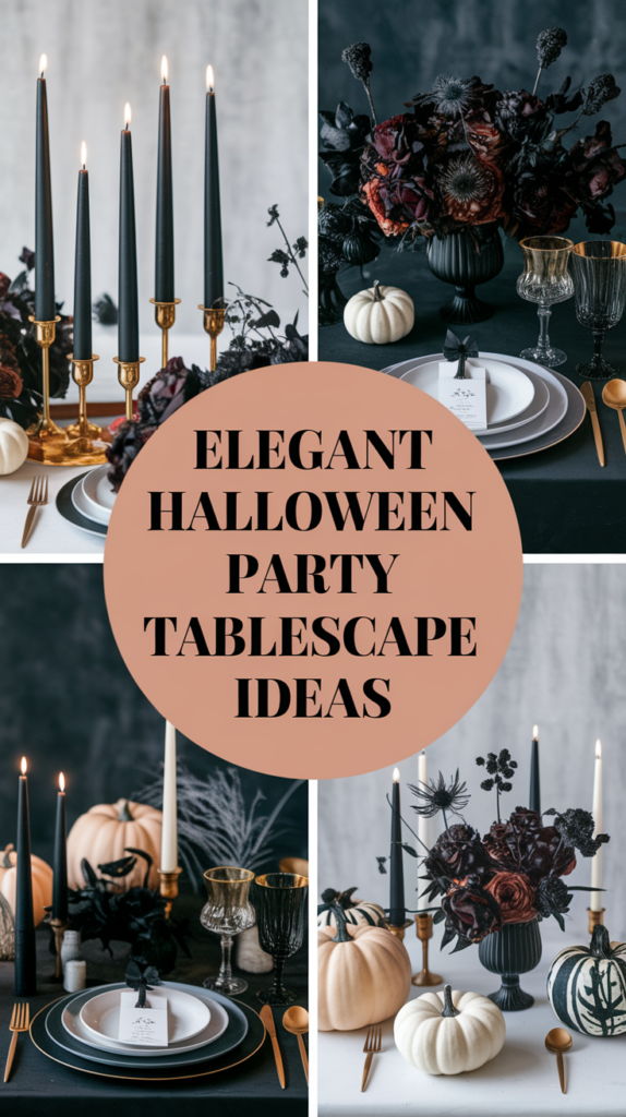 A Halloween tablescape with black and gold decor, pumpkins, black candles, and dark floral arrangements, featuring elegant party ideas.