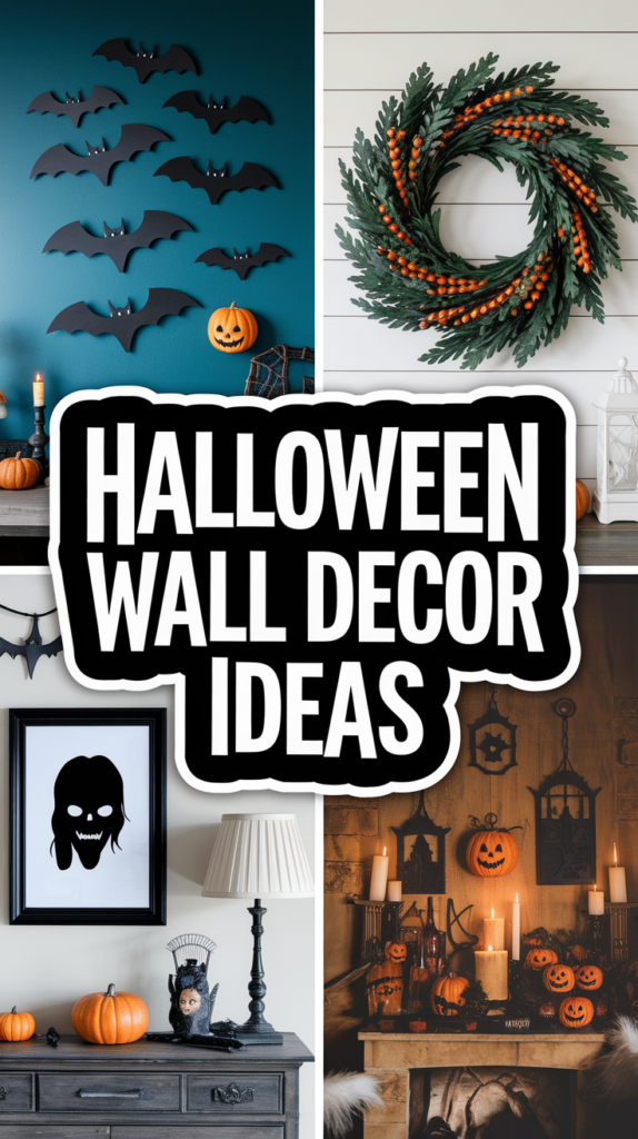 Collage of Halloween wall decor, featuring bats, a wreath with berries, candles, and jack-o'-lanterns with a bold text overlay.