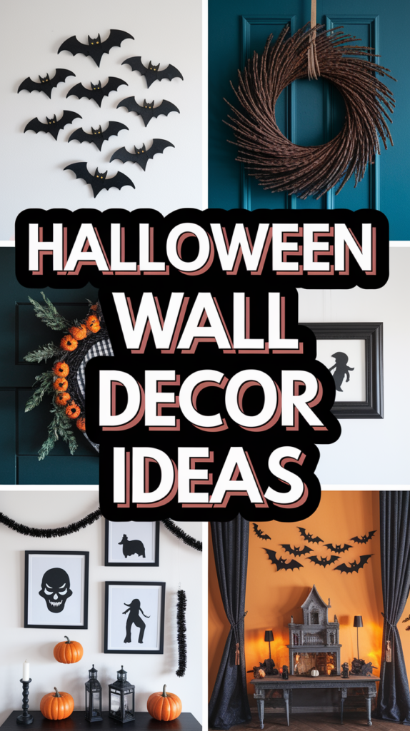 Collage of Halloween wall decor, including bat cutouts, a wreath, framed silhouettes, and pumpkins on a mantle.