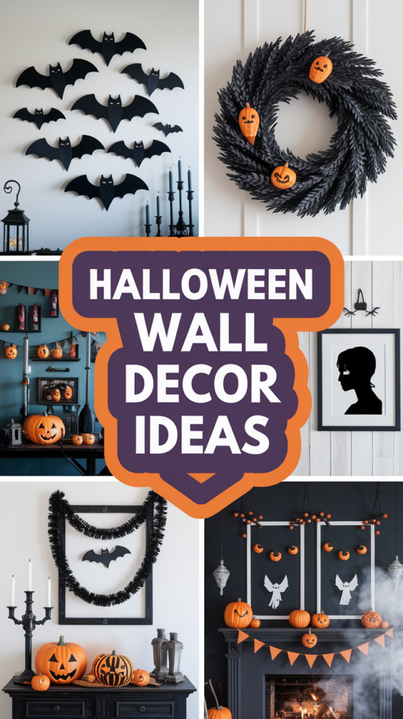 Collage of Halloween wall decor featuring bats, wreaths, pumpkins, and silhouette art with the text "Halloween Wall Decor Ideas."
