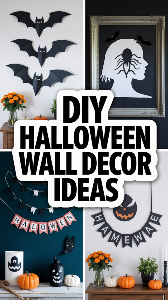 Collage of DIY Halloween wall decor including bats, a witch silhouette, and themed banners with pumpkins and flowers.