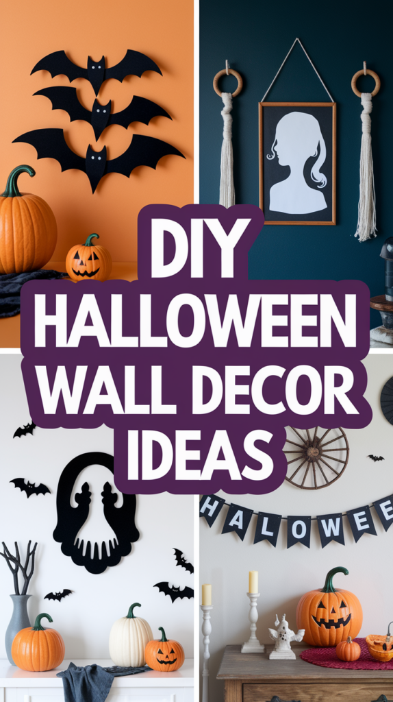 Collage featuring various DIY Halloween wall decor ideas with pumpkins, bats, a silhouette art piece, and a festive banner.
