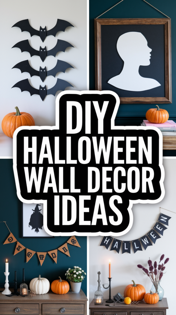 Collage of Halloween wall decor ideas including bats, a silhouette, pumpkins, and themed banners with candles.