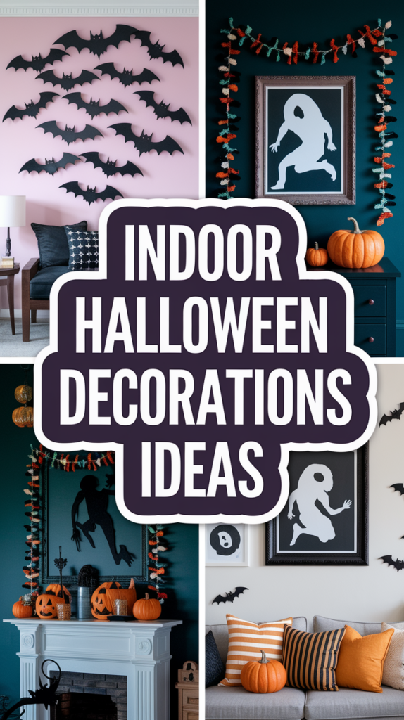 Collage of Halloween decorations with bats on a pink wall, pumpkins, and themed garlands in a home setting.