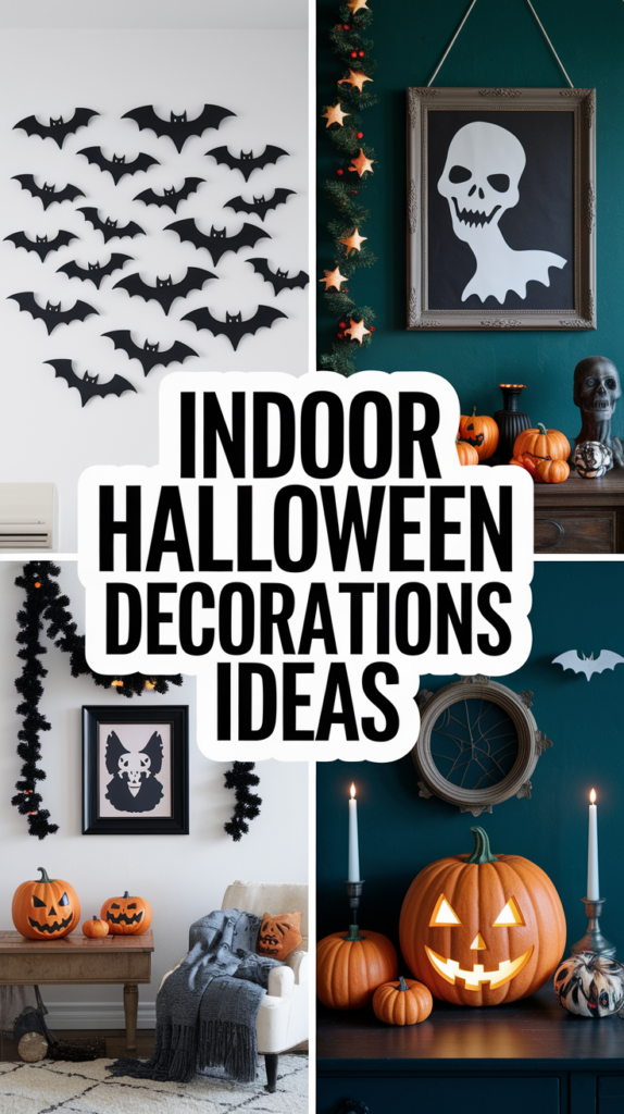 Collage of indoor Halloween decorations with black bats, skull artwork, and carved pumpkins with candles.
