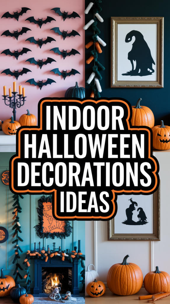 Collage of indoor Halloween decorations featuring bats, pumpkins, candles, and spooky silhouettes.