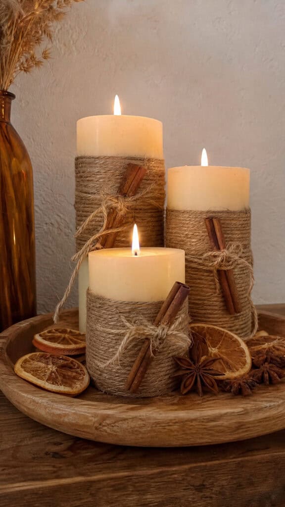 Jute Wrapped Candles With Cinnamon Sticks