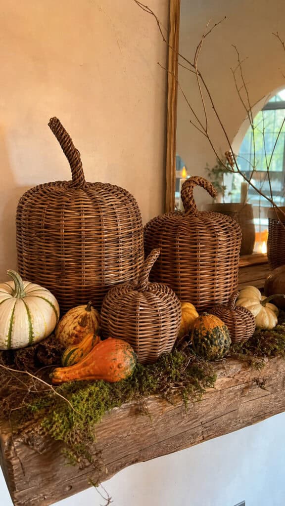 Wicker Pumpkins Mixed With Real Gourds