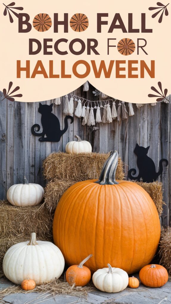 Large orange pumpkin surrounded by white pumpkins and hay bales with black cat silhouettes, under text "Boho Fall Decor for Halloween."