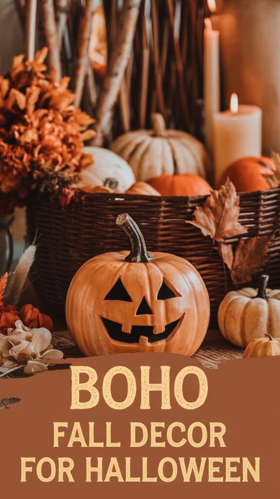 A carved pumpkin with a smiling face surrounded by autumn leaves and candles, with the text "Boho Fall Decor for Halloween."