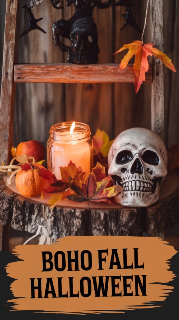A lit candle, skull, and autumn leaves on a rustic wooden shelf with text "Boho Fall Halloween" at the bottom.