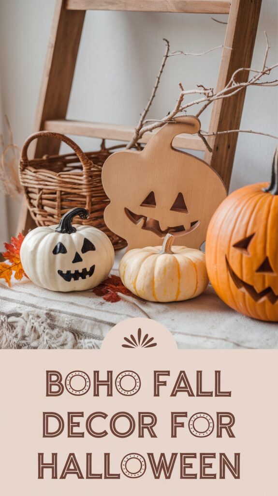 Three pumpkins with carved faces and a wicker basket are arranged on a ladder, with text reading "Boho Fall Decor for Halloween."