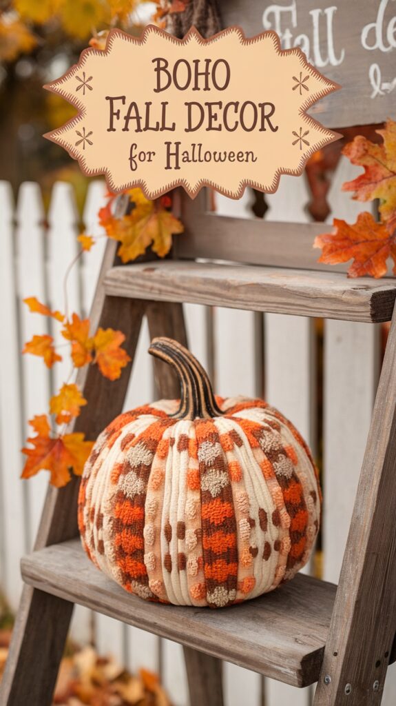 Knitted pumpkin with fall colors on a wooden ladder, decorated with autumn leaves and a "Boho Fall Decor for Halloween" sign.