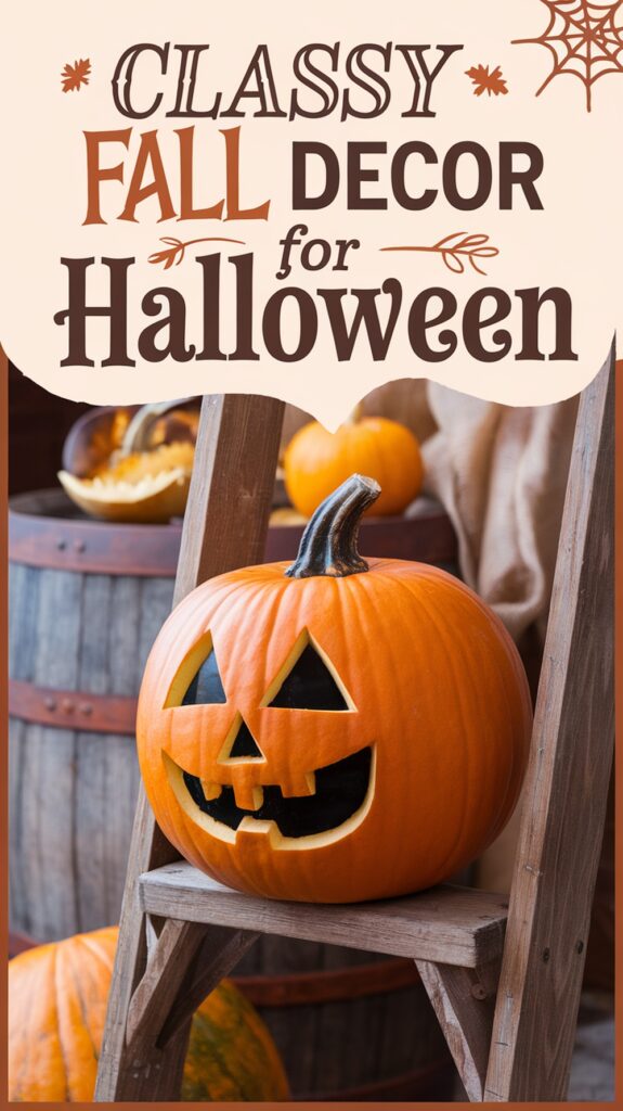 A carved pumpkin with a jack-o'-lantern face sits on a wooden ladder, surrounded by fall decor, including pumpkins and barrels.