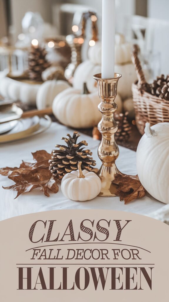Elegant fall table setting with white pumpkins, pinecones, and a gold candlestick, featuring the text "Classy Fall Decor for Halloween."