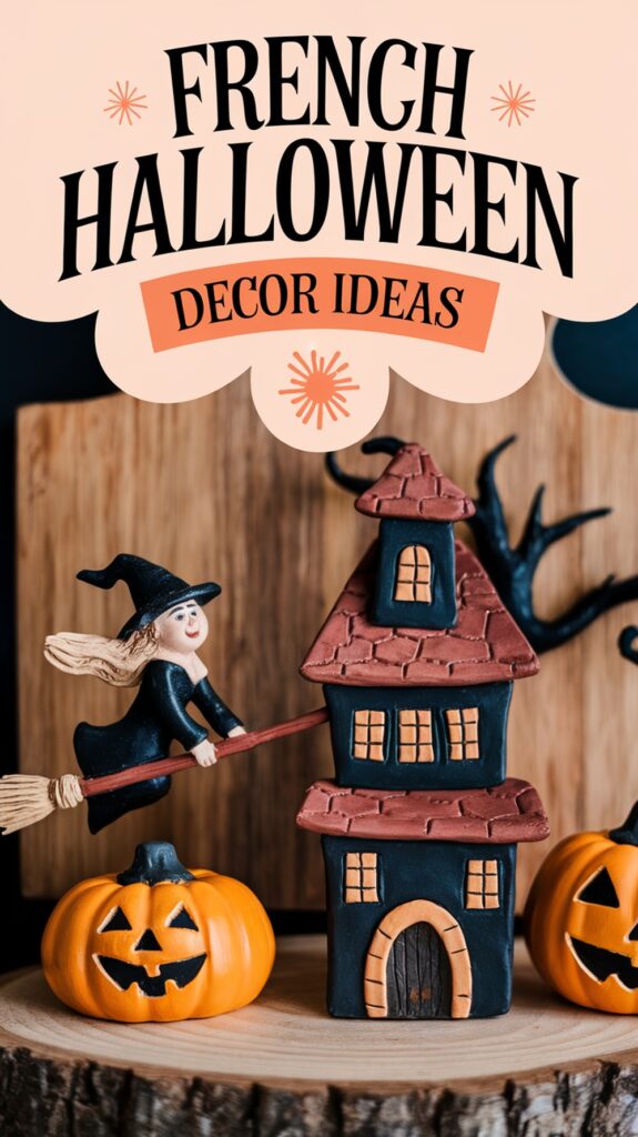 A witch on a broomstick and pumpkins beside a haunted house; text reads "French Halloween Decor Ideas."