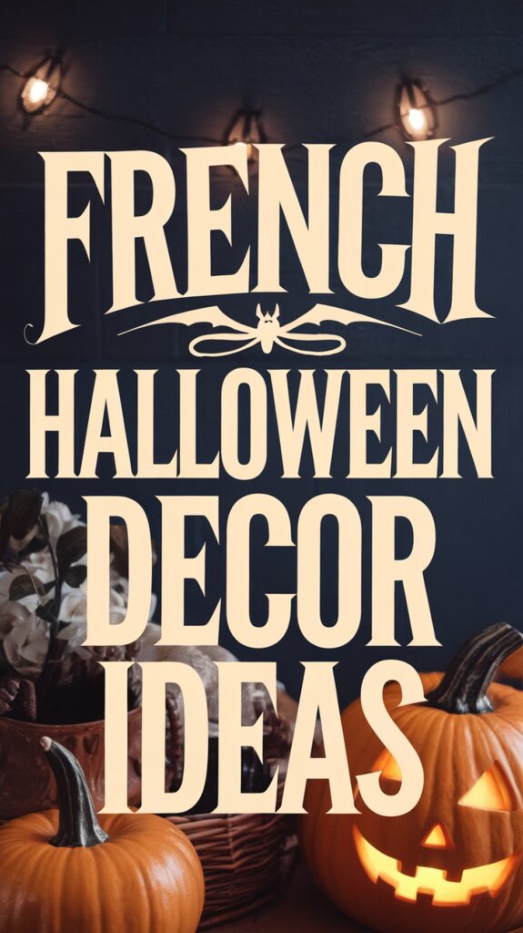 Text reads "French Halloween Decor Ideas" in large letters with pumpkins and autumn decor below.