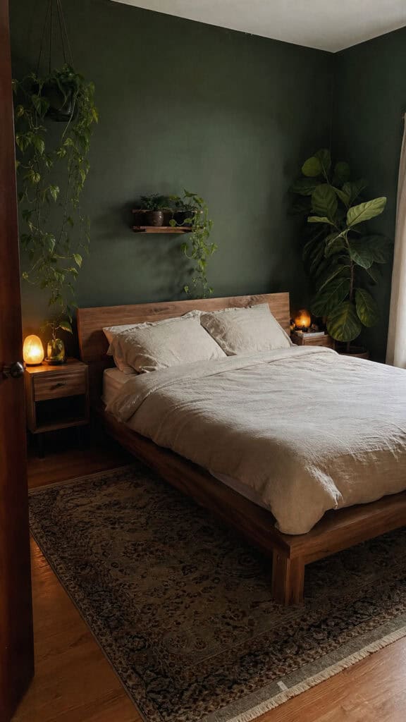 Forest Green Walls with Natural Wood Elements