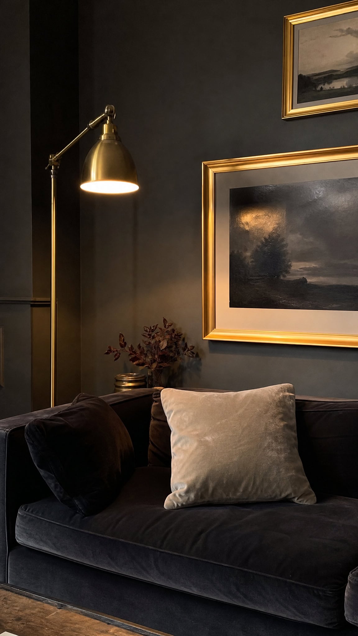 Deep Charcoal Walls with Brass Accents