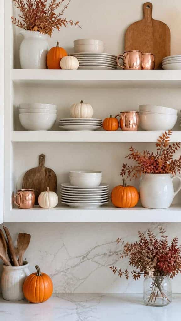 Add Seasonal Touches to Open Shelving and Cabinets