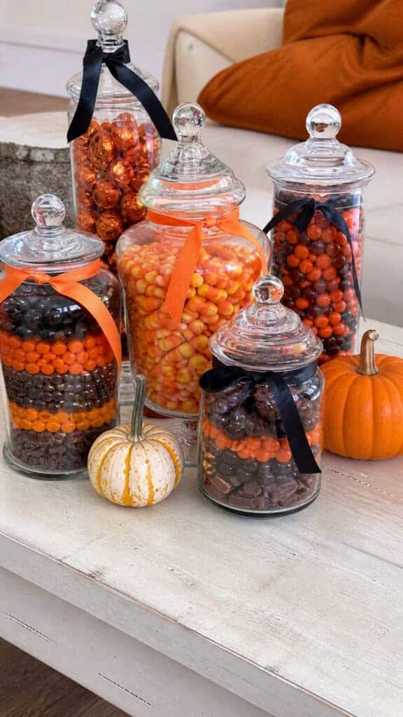 Candy Corn and Treats Display in Glass Containers