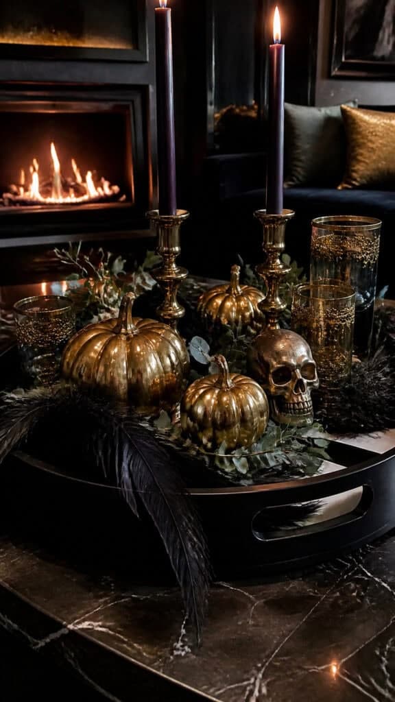 Elegant Black and Gold Halloween Tray