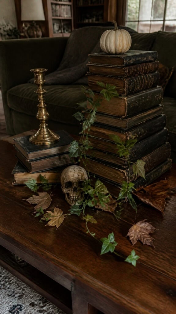 Stacked Vintage Books with Spooky Toppers