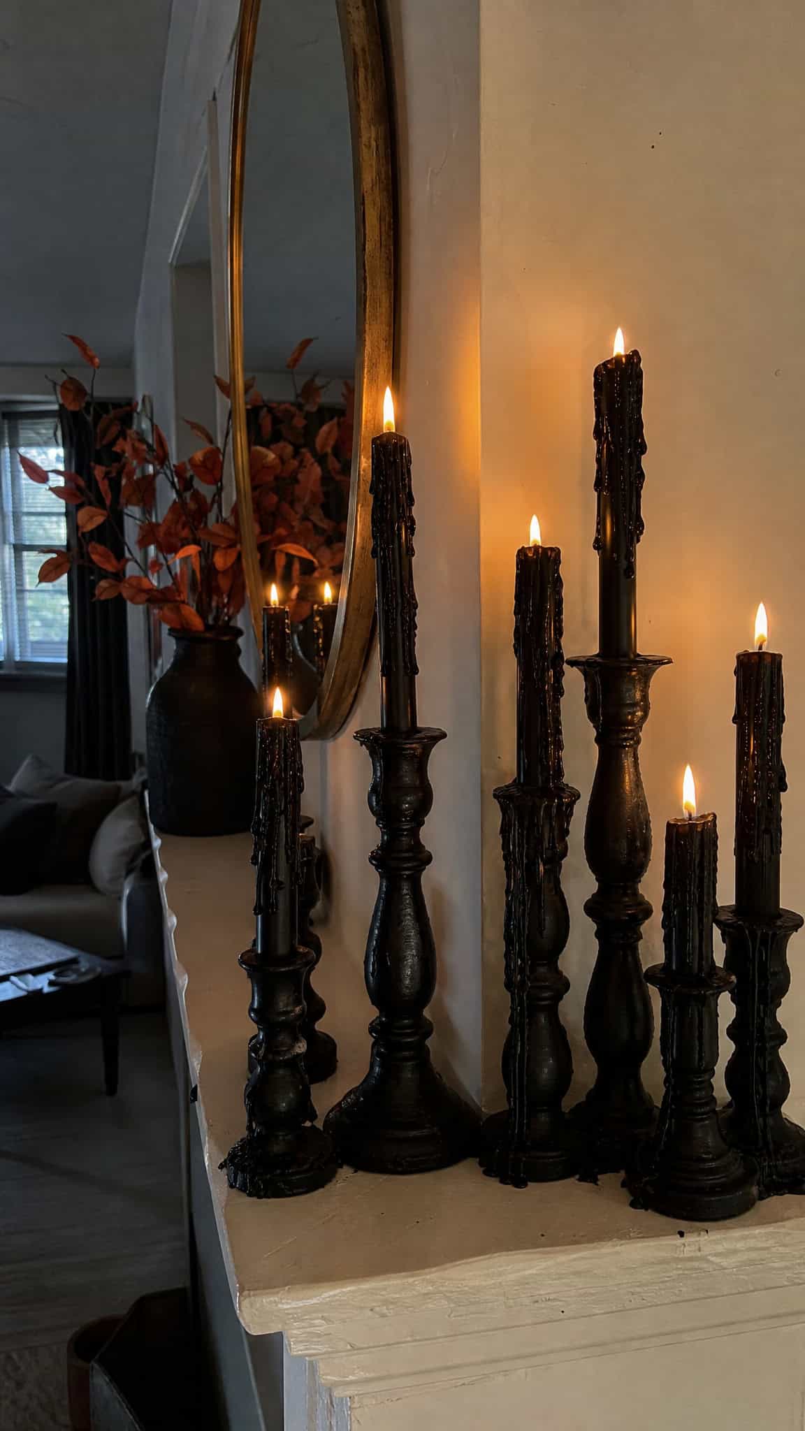 Layered Black Candlesticks with Dripping Wax