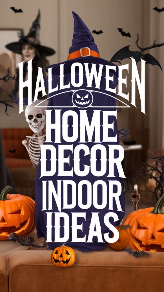 Halloween-themed decoration with pumpkins, a skeleton, bats, and a witch, featuring the text "Halloween Home Decor Indoor Ideas."