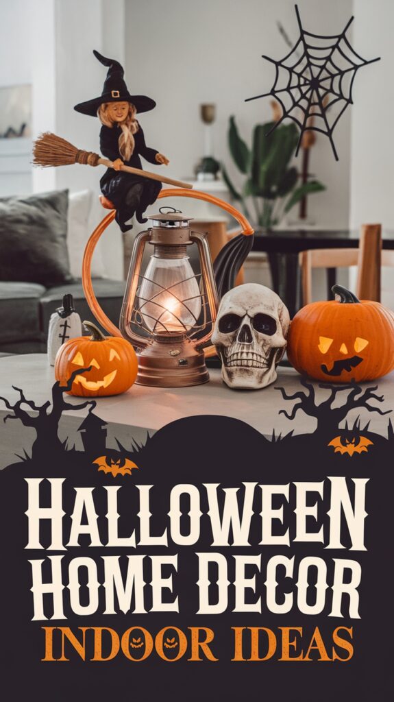 Halloween decorations featuring a witch doll, lantern, skull, and pumpkins on a table with themed text below.