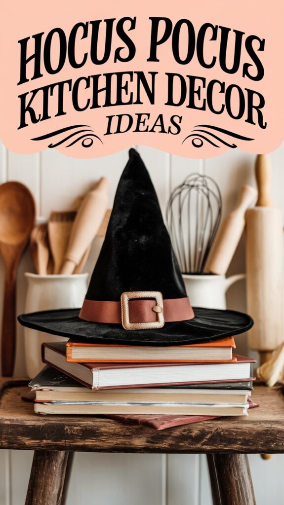 A witch hat placed on books with kitchen utensils in the background, and the text "Hocus Pocus Kitchen Decor Ideas."