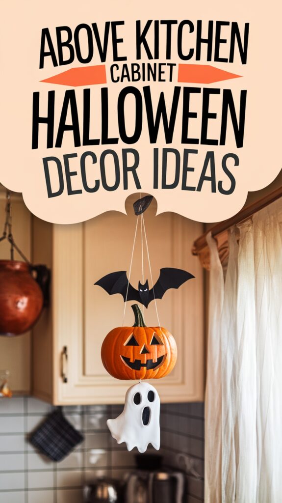 Halloween decorations, including a bat, pumpkin, and ghost hanging from a kitchen ceiling, with visible kitchen cabinets.