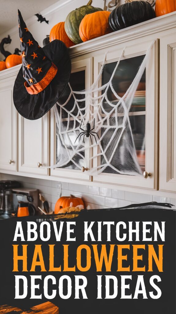 Halloween-themed kitchen decor with pumpkins, a witch hat, and spider web on cabinets, text reads "Above Kitchen Halloween Decor Ideas."