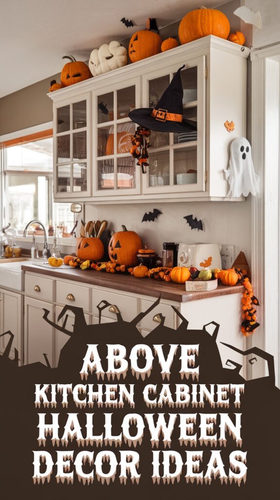 A kitchen decorated with pumpkins, bats, and a witch's hat for Halloween, featuring the text "Above Kitchen Cabinet Halloween Decor Ideas."