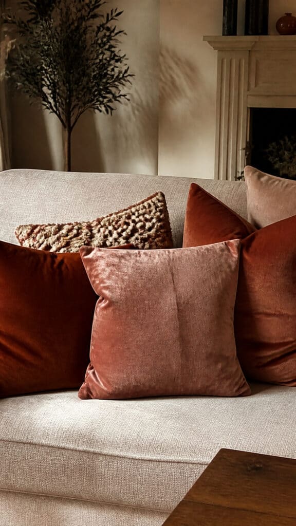 Blush Velvet Throw Pillows with Rust Accents