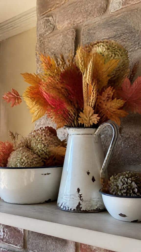 Vintage Enamelware Filled with Fall Foliage