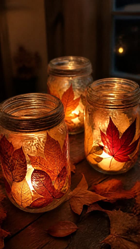 Mason Jar Candle Holders with Fall Foliage