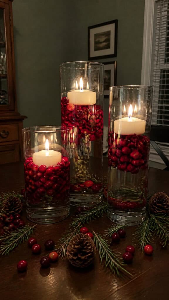 Elegant Candle and Cranberry Hurricane Display