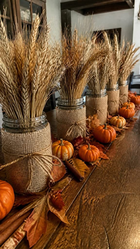 Mason Jar Wheat Bundle Display with Burlap Accents