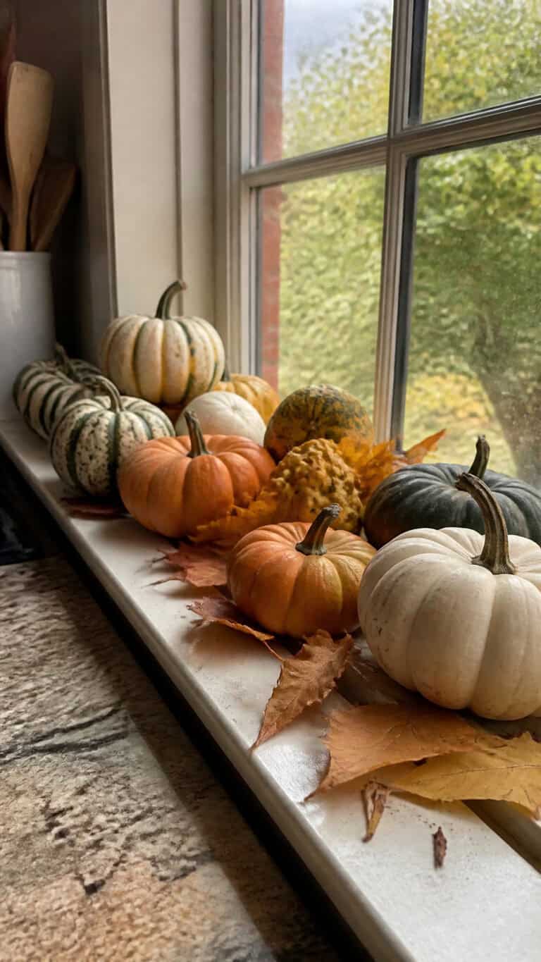Miniature Pumpkin Parade on the Windowsill