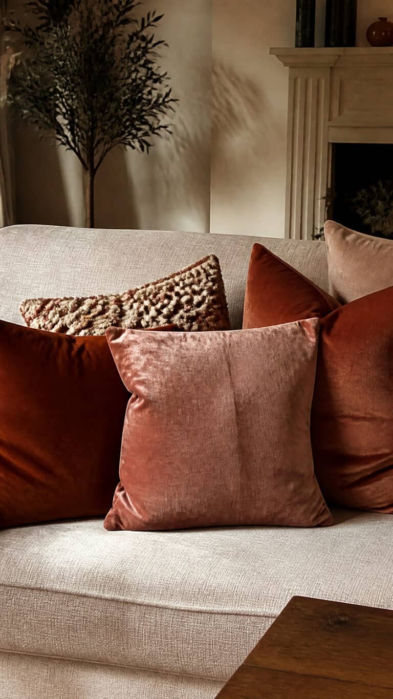 Blush Velvet Throw Pillows with Rust Accents