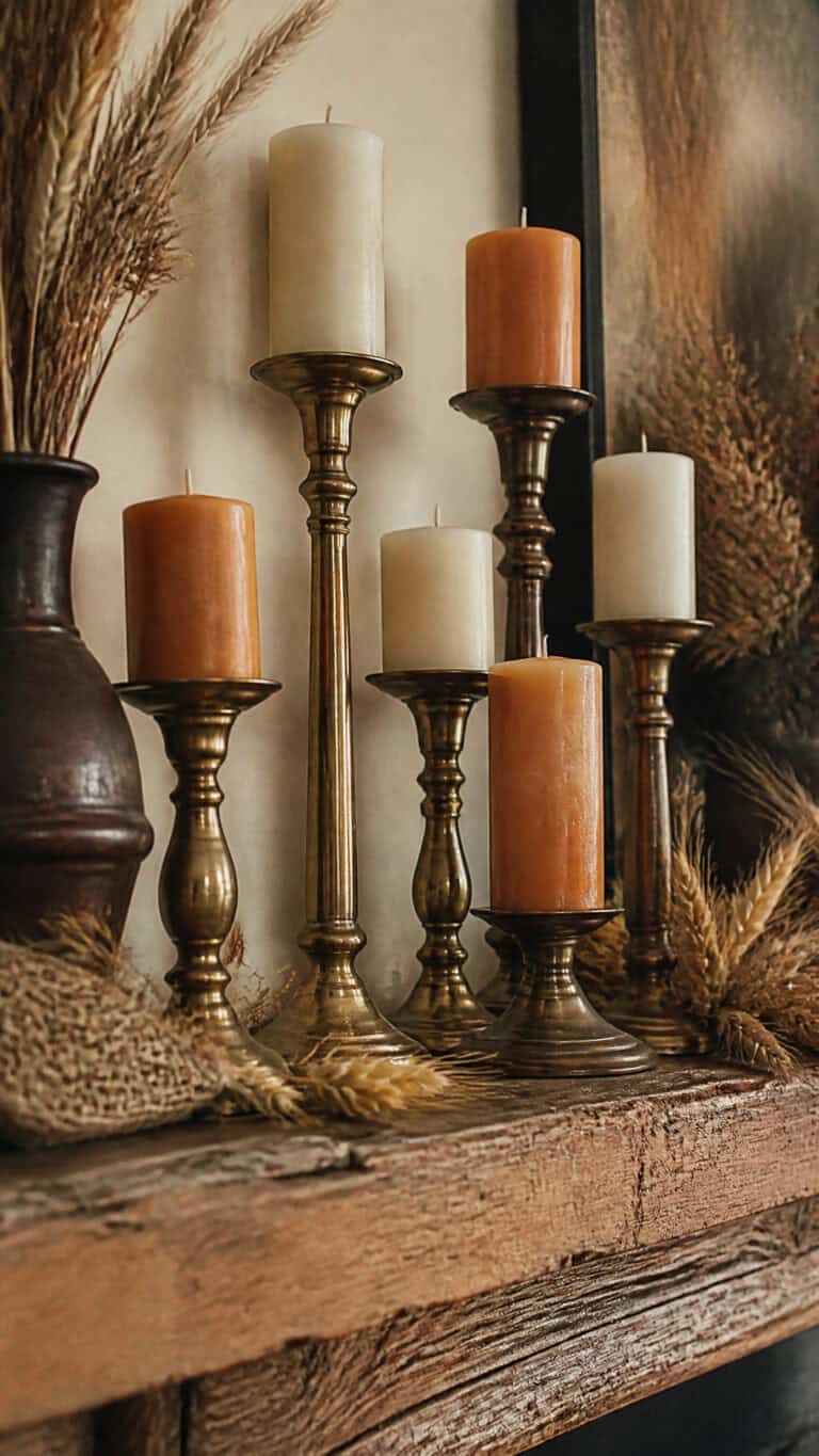 Antique Brass Candlesticks with Pillar Candles